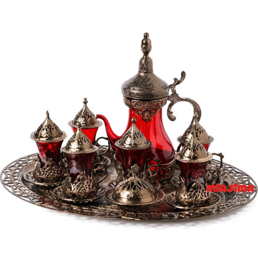Miajima 6 Kişilik Çay Takımı Seti Tepsili Cam Bardak Sürahi Set Zamak Bronz Renk Kırmızı Fincan / Bardak / Kahve Takımı Fiyatı
