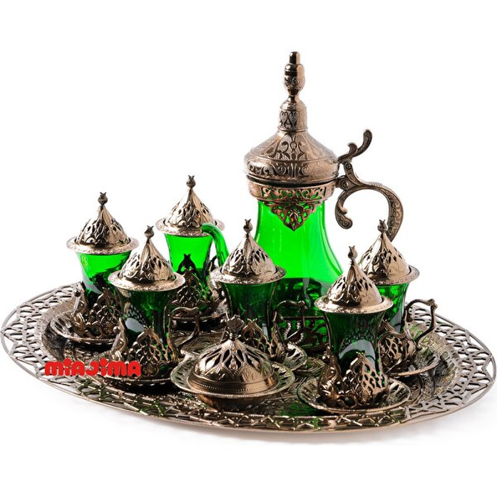 Miajima 6 Kişilik Çay Takımı Seti Tepsili Cam Bardak Sürahi Zamak Bronz Renk Yeşil Fincan / Bardak / Kahve Takımı Fiyatı