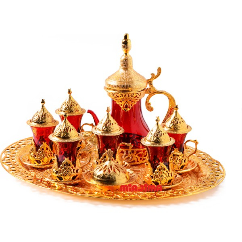 Miajima Gold 6 Kişilik Çay Takımı Seti Tepsili Cam Bardak Sürahi Zamak Kırmızı Renk Fincan / Bardak / Kahve Takımı Fiyatı