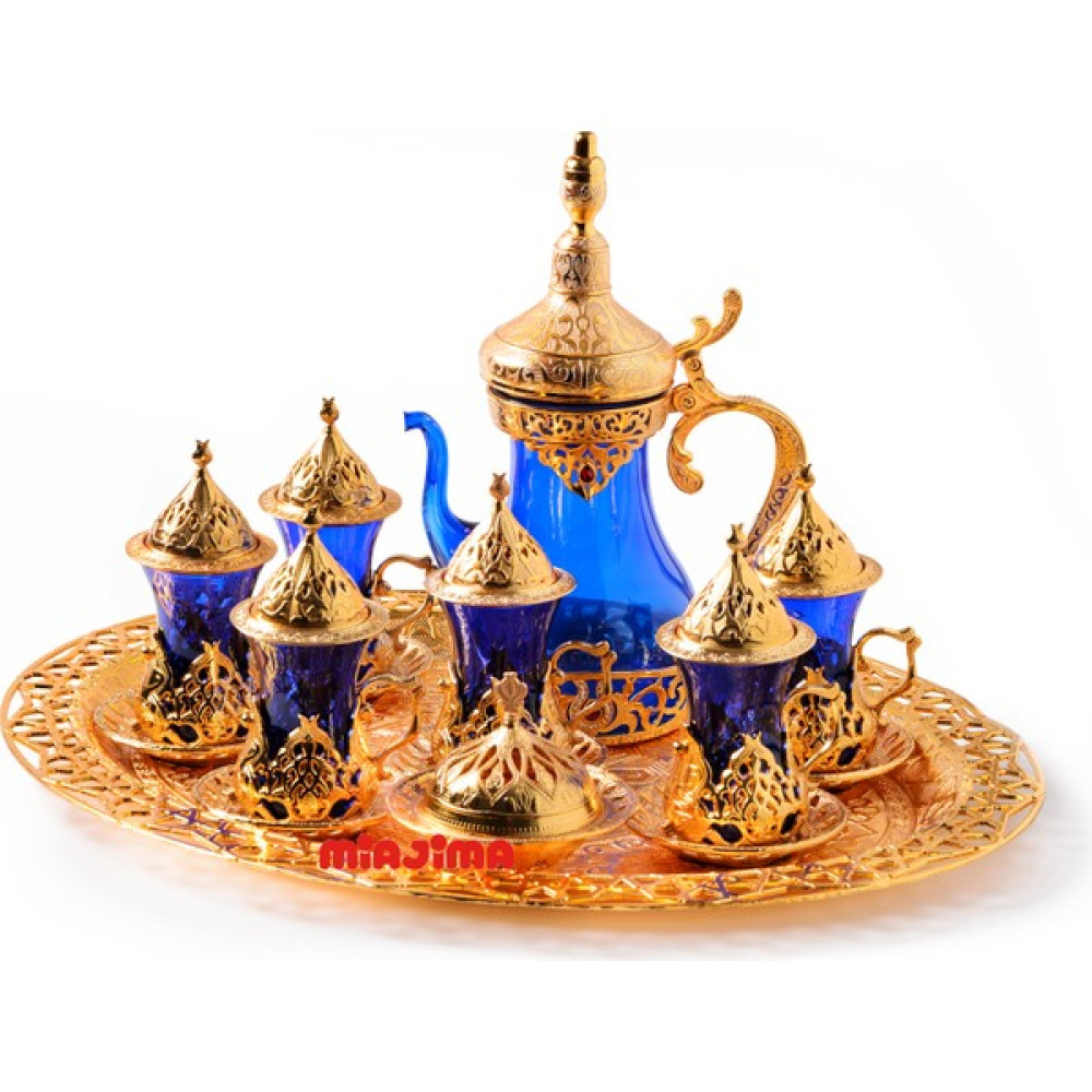 Miajima Gold 6 Kişilik Çay Takımı Seti Tepsili Cam Bardak Sürahi Zamak Mavi Renk Fincan / Bardak / Kahve Takımı Fiyatı