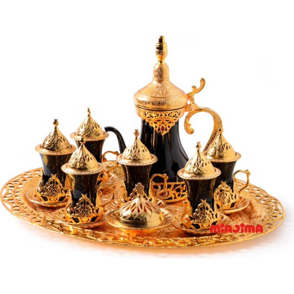 Miajima Gold 6 Kişilik Çay Takımı Seti Tepsili Cam Bardak Sürahi Zamak Siyah Renk Fincan / Bardak / Kahve Takımı Fiyatı