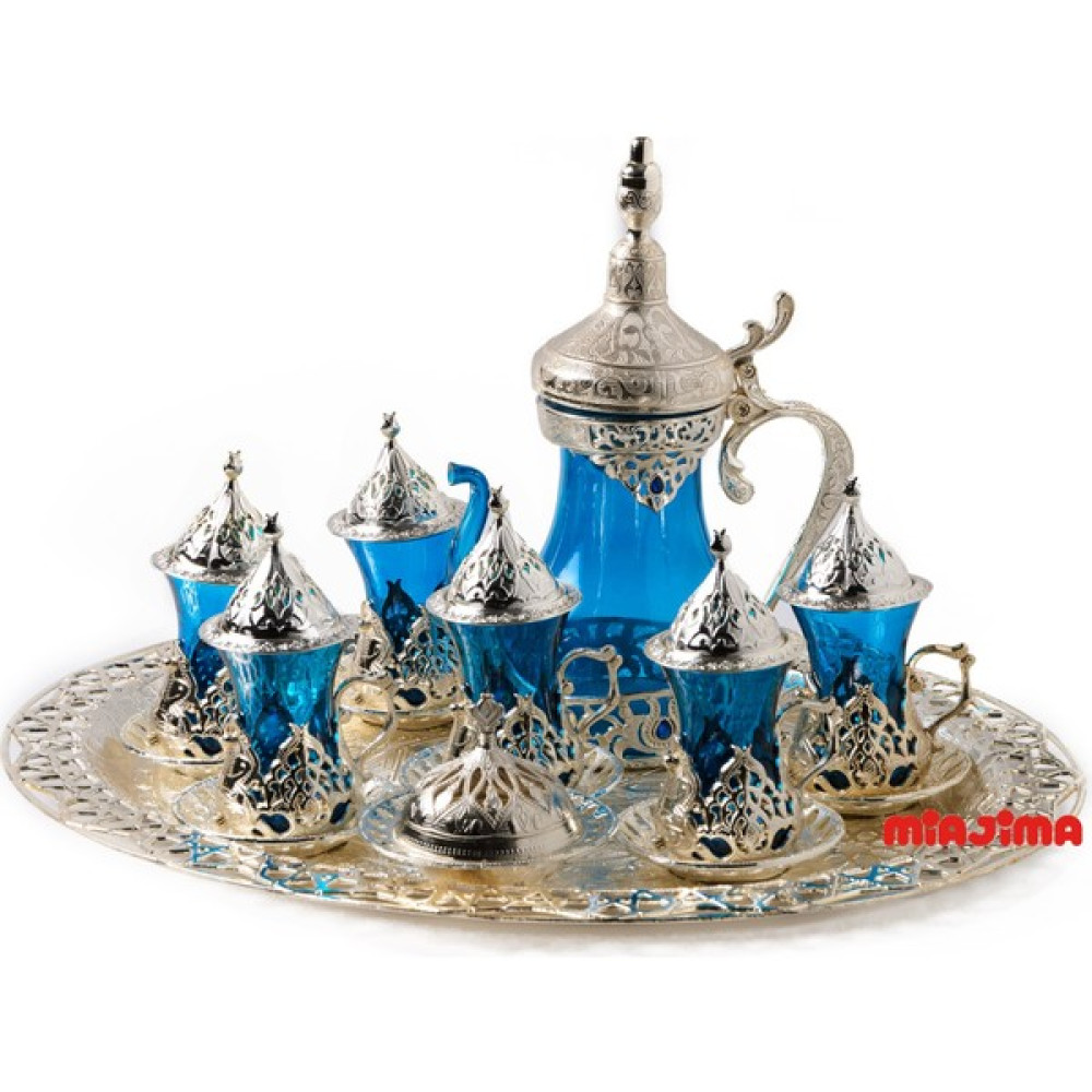 Miajima Osmanlı Silver 6 Kişilik Çay Takımı Seti Tepsili Cam Bardak Sürahi Zamak Mavi Renk Fincan / Bardak / Kahve Takımı Fiyatı