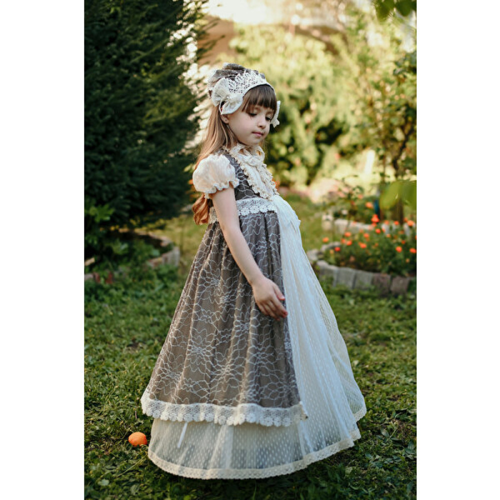 Mialora Exclusive Kahverengi Şapkalı Abiye, Dantel Detaylı Vintage Uzun Kız Çocuk Elbise, Ikili Takım Parti Elbisesi Elbise Fiyatı