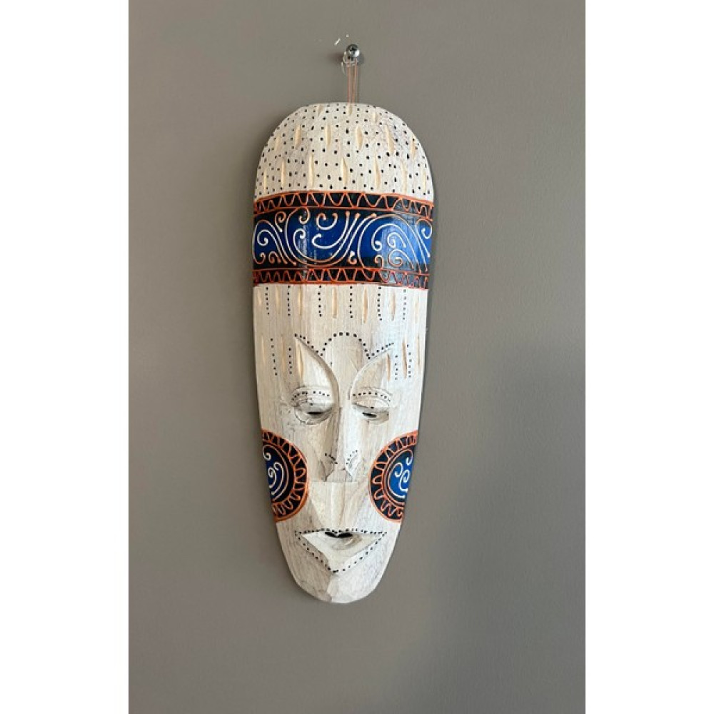 Miamantra Eskitme Beyaz Mavi Boyalı Ahşap Totem Maske Duvar Dekoru -30 cm Ev & Dekorasyon Aksesuarları Fiyatı