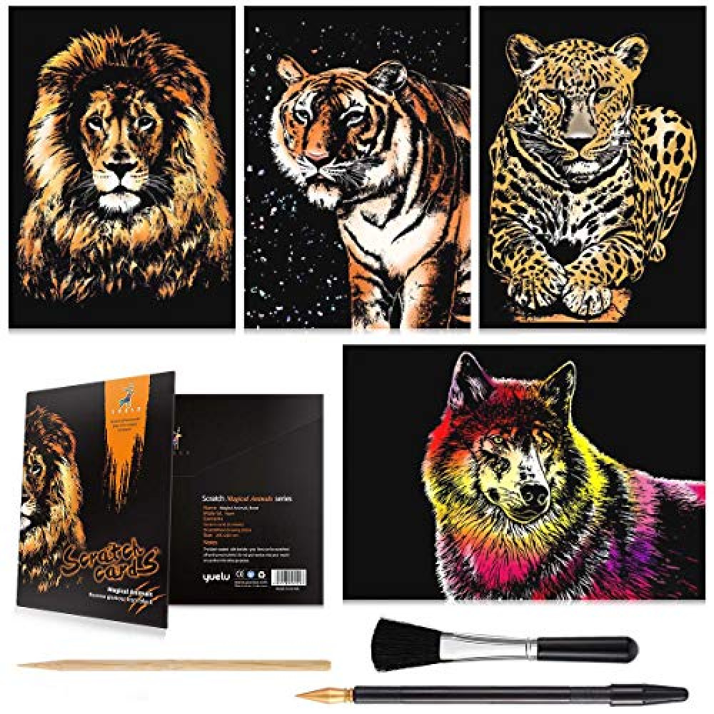MIASTAR Scratch & Sketch Art for Kids & Adults, Rainbow Painting Night View Scratchboard(A4), Art & Craft, 4 Sheets Scratch Cards & Drawing Pen, Clean Brush (Wild Beast)