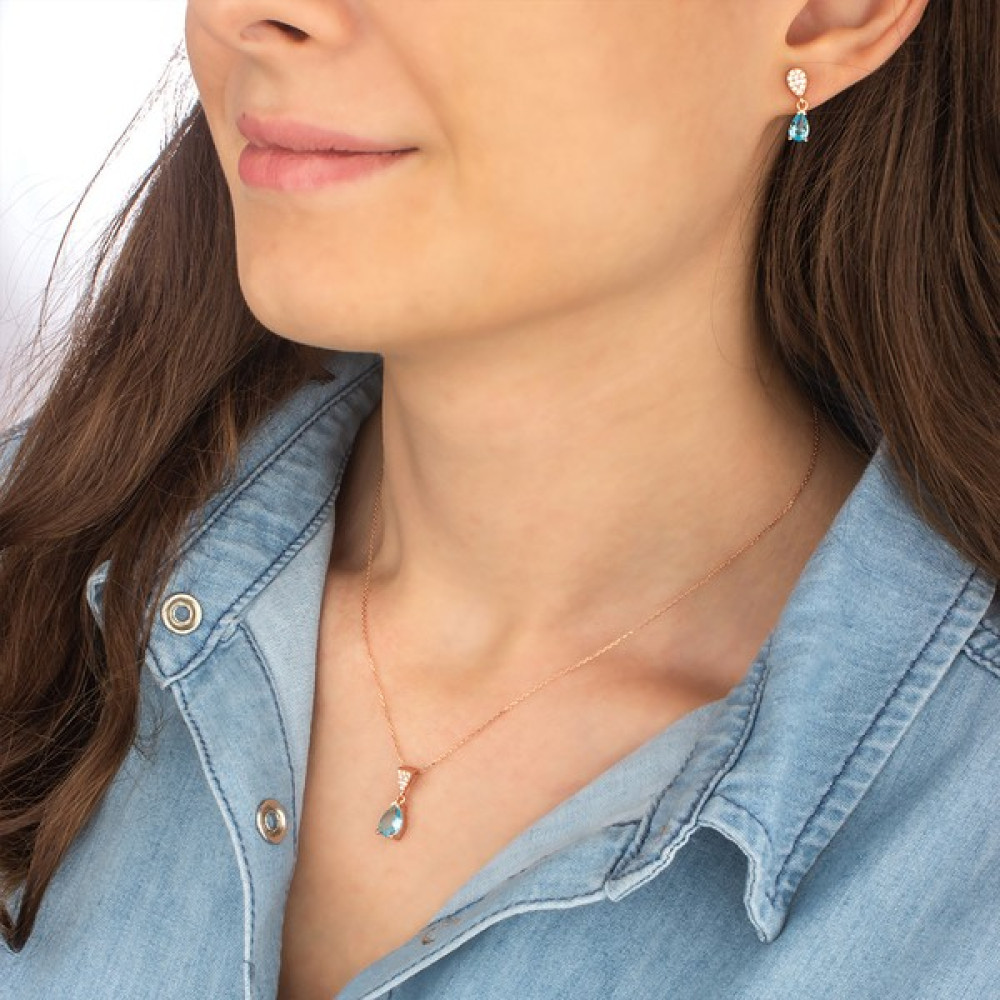 Miavi Silver 925 Ayar Gümüş Aquamarine Taşlı Damla Kolye Küpe Kombin  - Rose Gold Gümüş Kolye Fiyatı