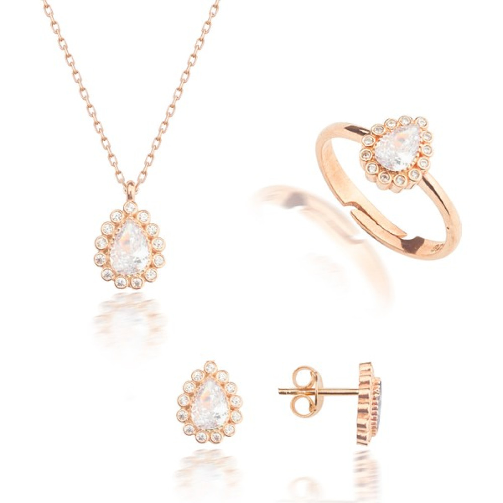Miavi Silver 925 Ayar Gümüş Beyaz Taşlı Damla Model Kolye Küpe Yüzük Takı Seti - Standart - Rose Gümüş Kolye Fiyatı