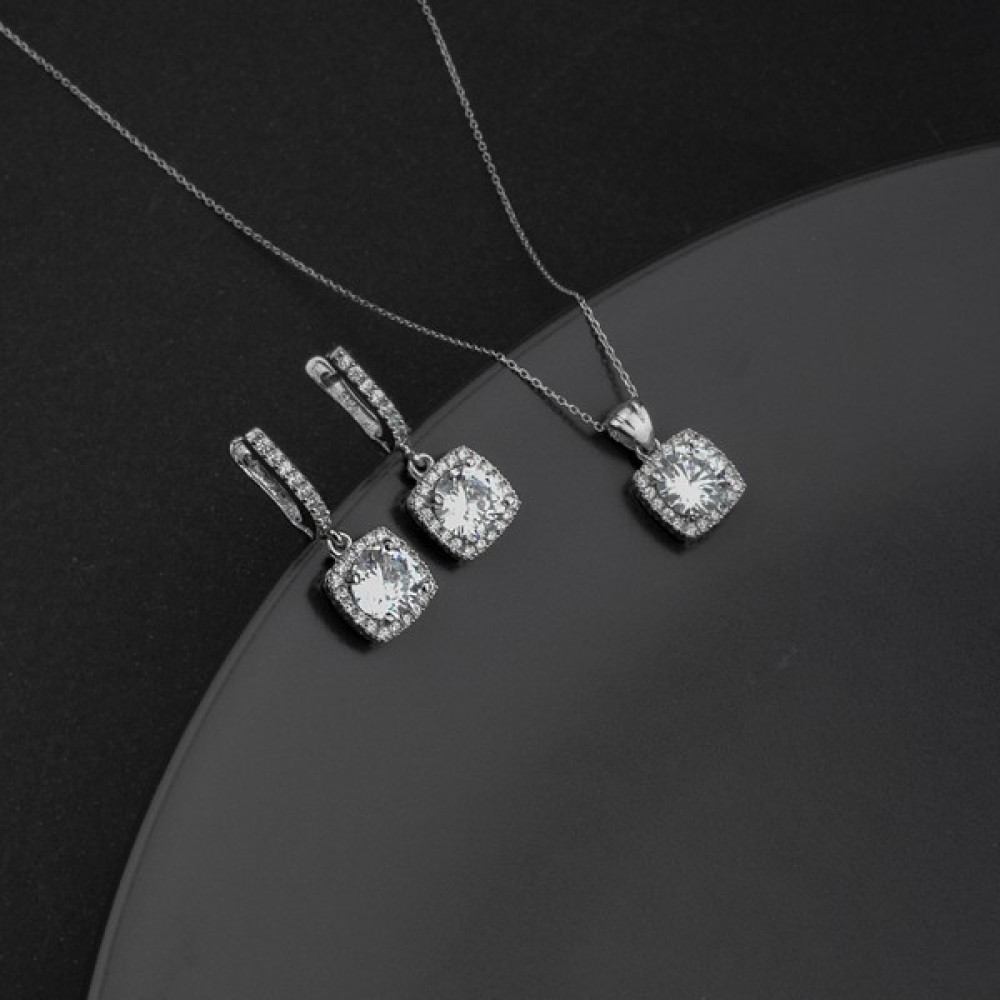 Miavi Silver 925 Ayar Gümüş Kare Tek Taş Kolye ve Sallantılı Küpe Takı Seti - Beyaz Gümüş Kolye Fiyatı