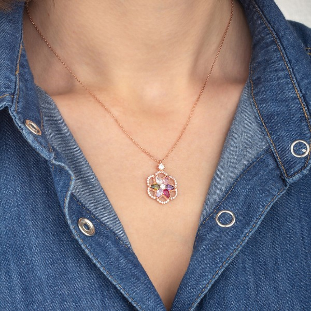 Miavi Silver 925 Ayar Gümüş Mix Taşlı Çerçeveli Lotus Çiçeği Kolye - Rose Gümüş Kolye Fiyatı