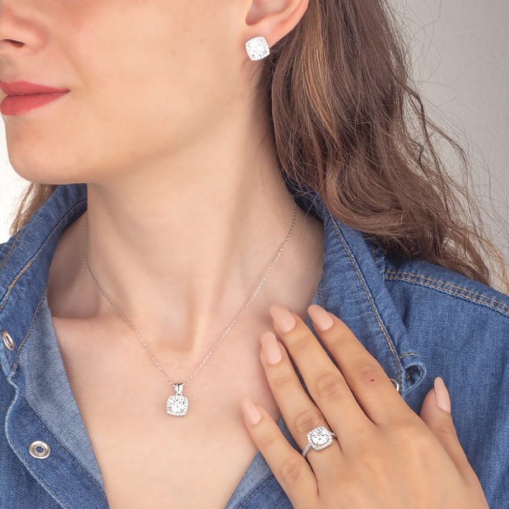 Miavi Silver 925 Ayar Gümüş Pırlanta Tasarım Kare Takı Seti - 20 Gümüş Kolye Fiyatı