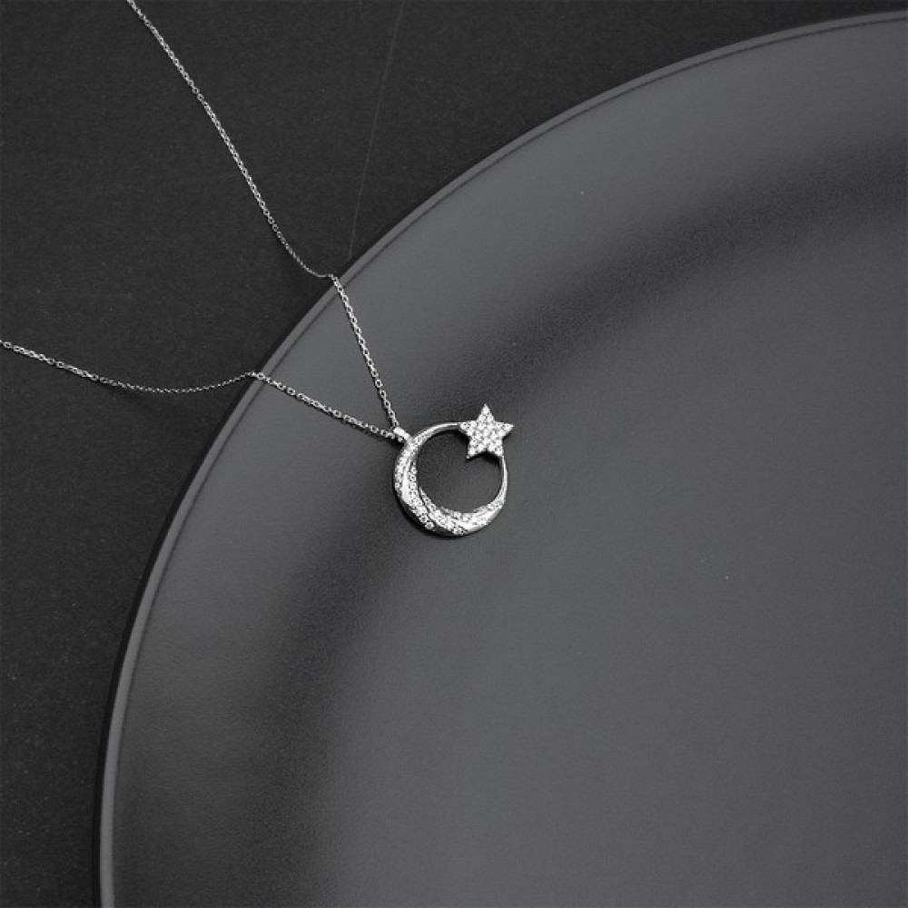 Miavi Silver 925 Ayar Gümüş Zirkon Taşlı Ay Yıldız Kolye - Rodyum Gümüş Kolye Fiyatı
