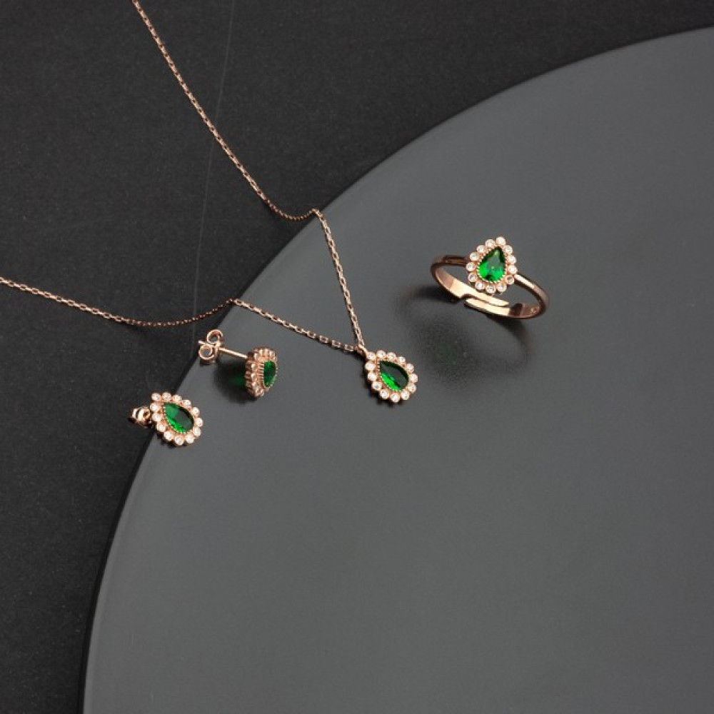 Miavi Silver 925 Ayar Gümüş Zümrüt Taşlı Damla Model Kolye Küpe Yüzük Takı Seti - Standart - Rose Gümüş Kolye Fiyatı