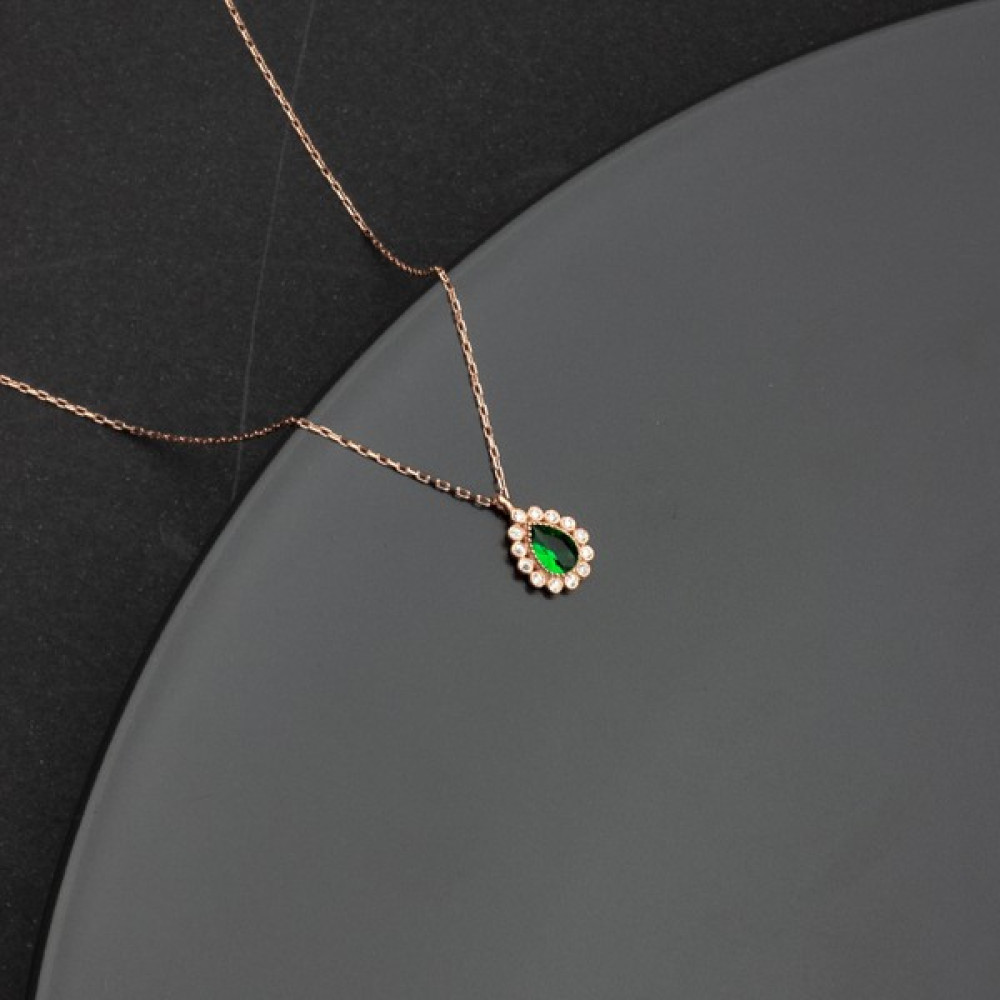 Miavi Silver 925 Ayar Gümüş Zümrüt Taşlı Damla Model Kolye - Rose Gümüş Kolye Fiyatı