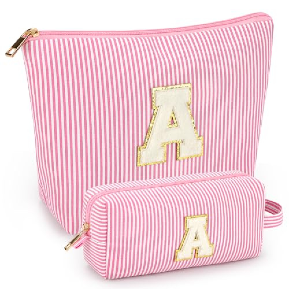 mibasies 2 PCS Initial Makeup Bags for Women: Cosmetic Bag for Travel Toiletry -Easter Basket Essentials - Gifts for 11 12 13 14 15 16 17 18 Years Old Girl Gift Teen Girl Gifts Trendy Stuff - Pink A