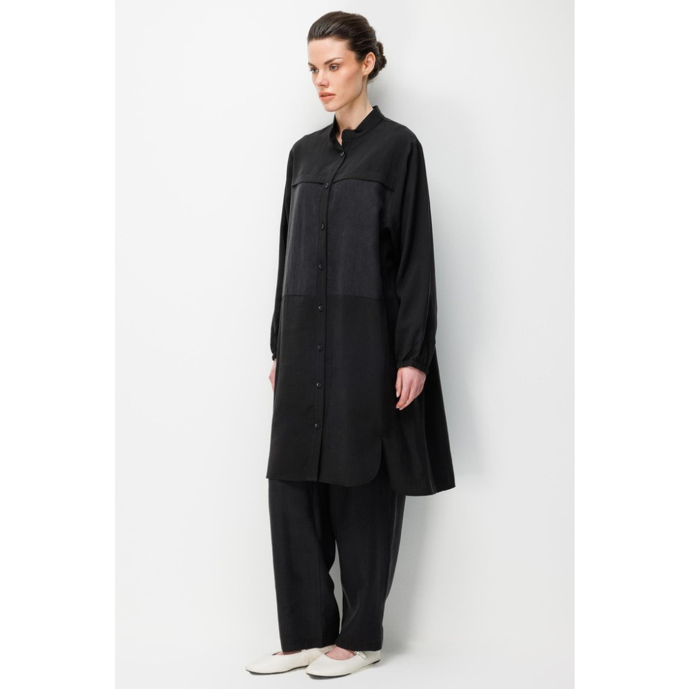 Micca %80 Doğal LyoCELL Dökümlü Soft Hissiyat Ön Beden Özel Dokuma Desen Pantalon ve Maxi Tunik Takım-Siyah Tesettür Takımı Fiyatı