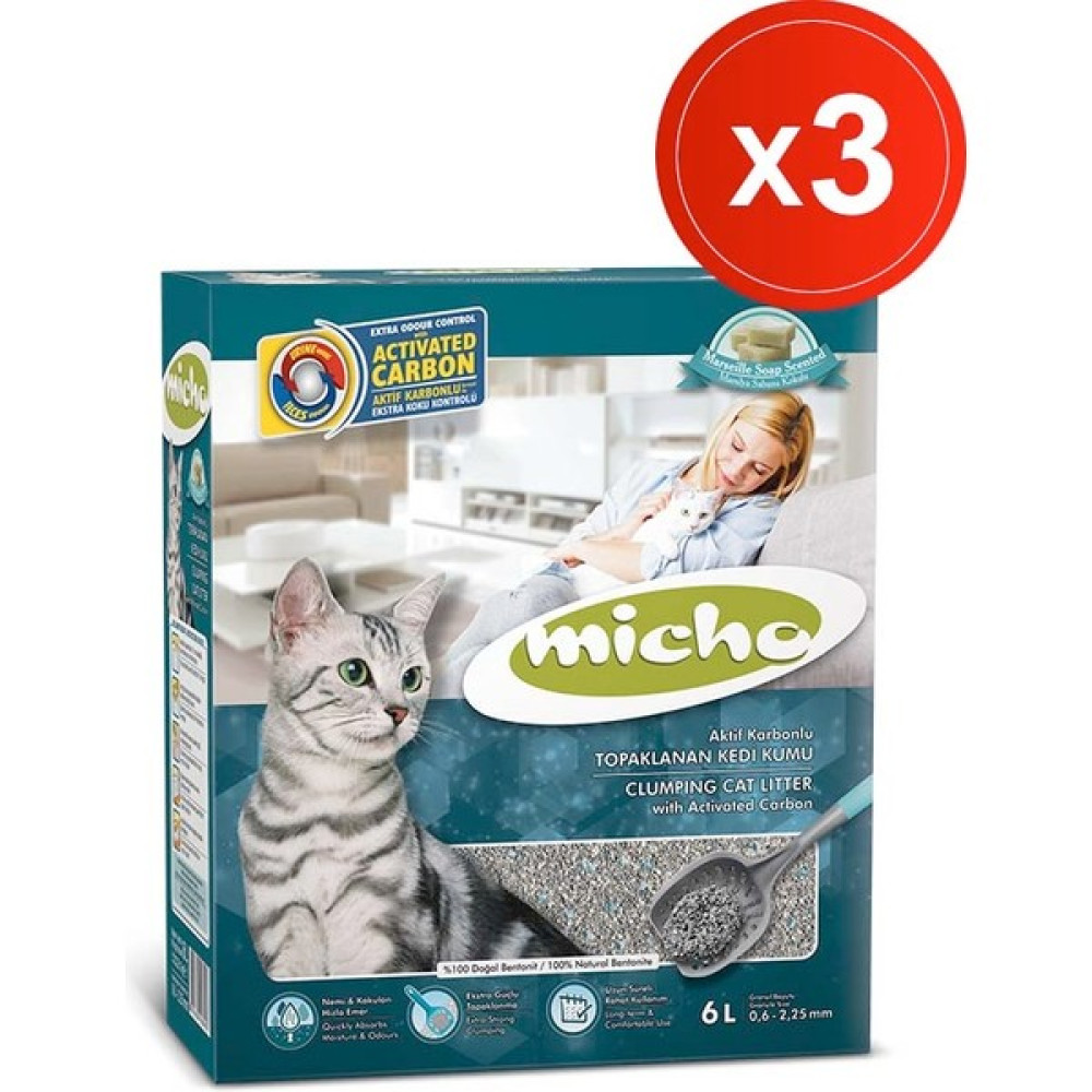 Micho Aktif Karbonlu Marsilya Sabunlu Topaklanan Kedi Kumu 3 Adet x 6 Lt (3x5.1 Kg) Evcil Hayvan Ürünleri Fiyatı