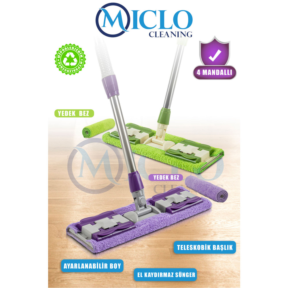 MICLO CLEANING Mandallı Teleskobik Mop +2 Bez Deterjan ve Temizlik Ürünleri Fiyatı