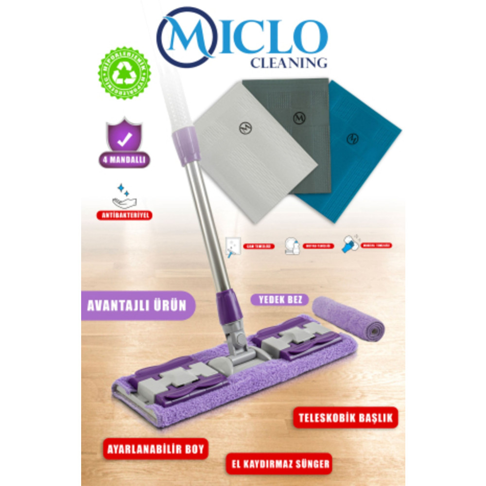 MICLO CLEANING Mandallı Teleskobik Mop 3lü Sihirli Bez Deterjan ve Temizlik Ürünleri Fiyatı