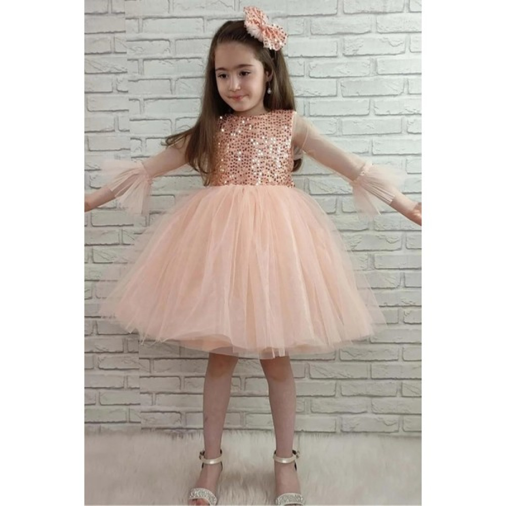 Miço Kids Pulpayetli Tül Kollu Tütü Kız Çocuk Abiye Elbise Somon Kız Çocuk Elbise Fiyatı