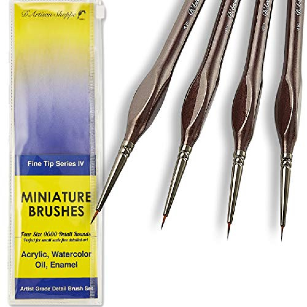Micro Paint Brush Detail Set - Ultra Fine Tip Thin Paintbrush 4pc Round Size 0000 (4/0) for Tiny Miniature Painting. Model Mini Artist Brushes for Acrylic, Watercolor, Oil, Paint by Numbers Painting