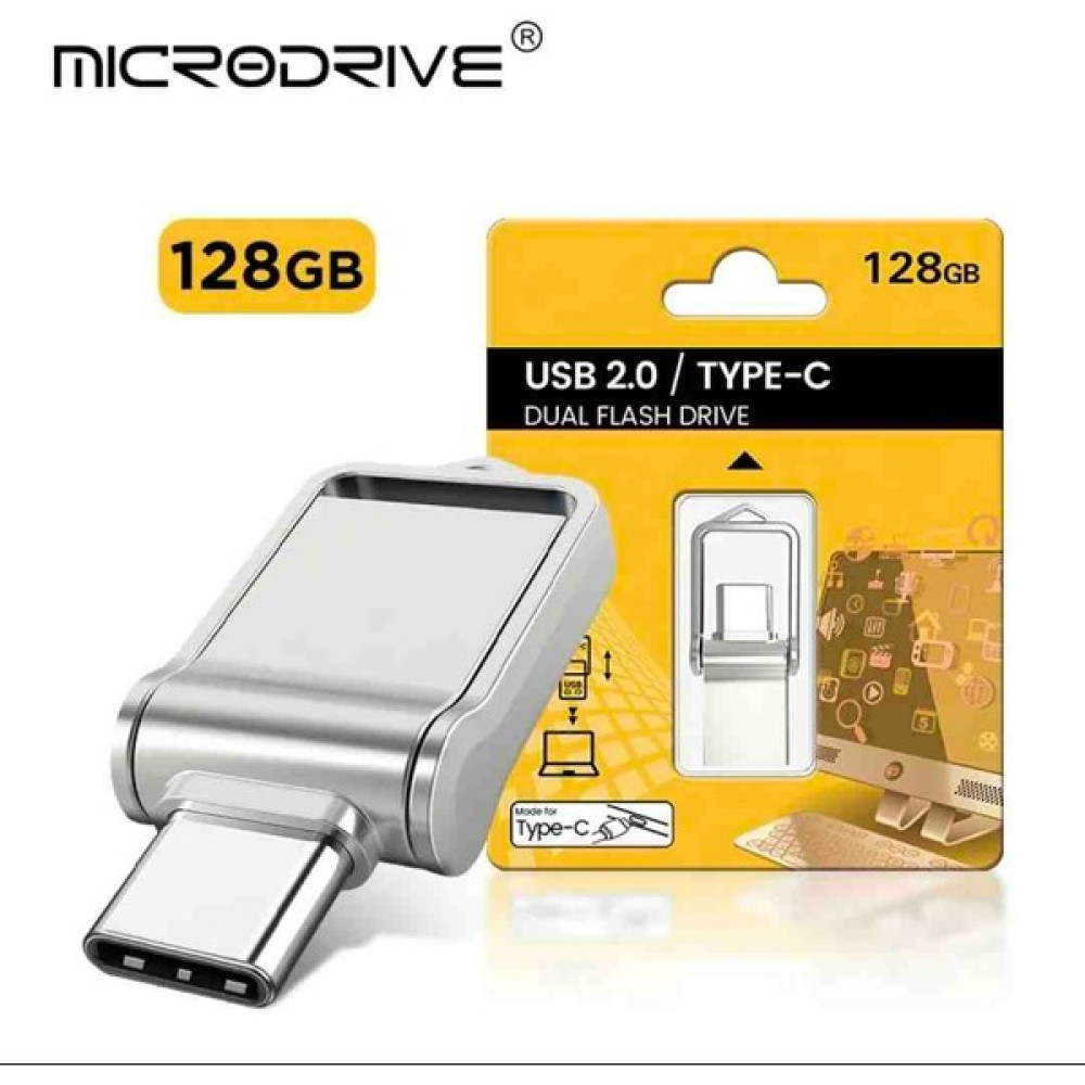 Microdrive 128GB.Type-C ve USB Flash Bellek Çift Girişli Metal Sağlam Orjinal - Gümüş - 128 GB Flash Bellekler Fiyatı