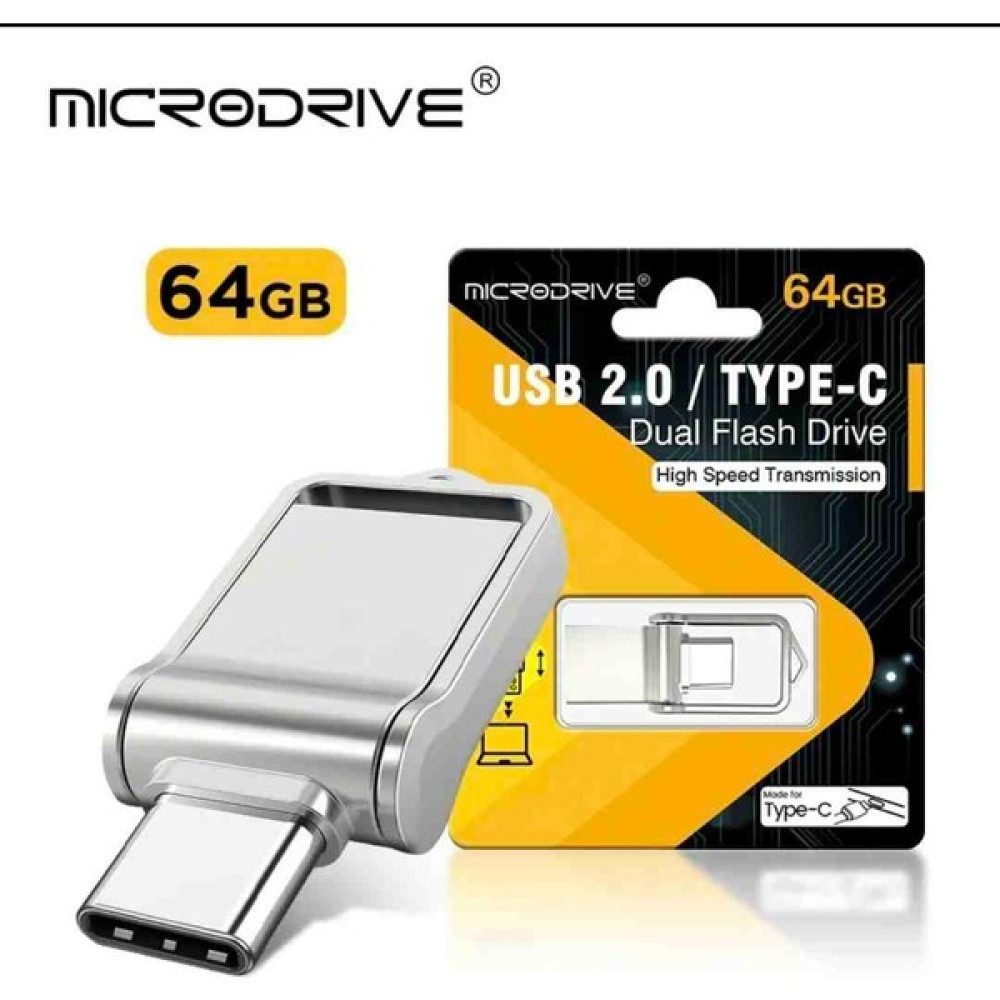Microdrive 64GB. Type-C ve USB Flash Bellek Çift Girişli Metal Sağlam Orjinal - Gümüş - 64 GB Flash Bellekler Fiyatı