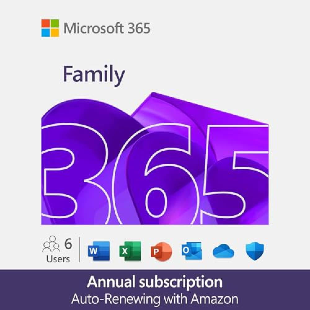 Microsoft 365 Family | 12-Month Auto-Renewing Subscription | Up to 6 People | Word, Excel, PowerPoint | up to 6 TB OneDrive Cloud Storage | PC/Mac PC/Mac & Mobile devices | Amazon Subscription