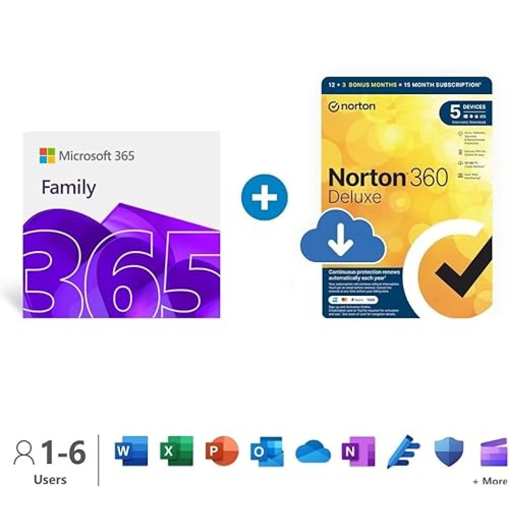 Microsoft 365 Family | 12 months | Up to 6 people | Up to 6TB OneDrive cloud storage | AI Office Apps + Norton 360 Deluxe | Activation required