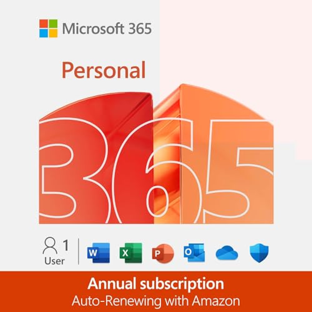 Microsoft 365 Personal | 12-Month Auto-Renewing subscription | 1 person | Word, Excel, PowerPoint | 1TB OneDrive cloud storage | PC/Mac & mobile devices | Amazon Subscription