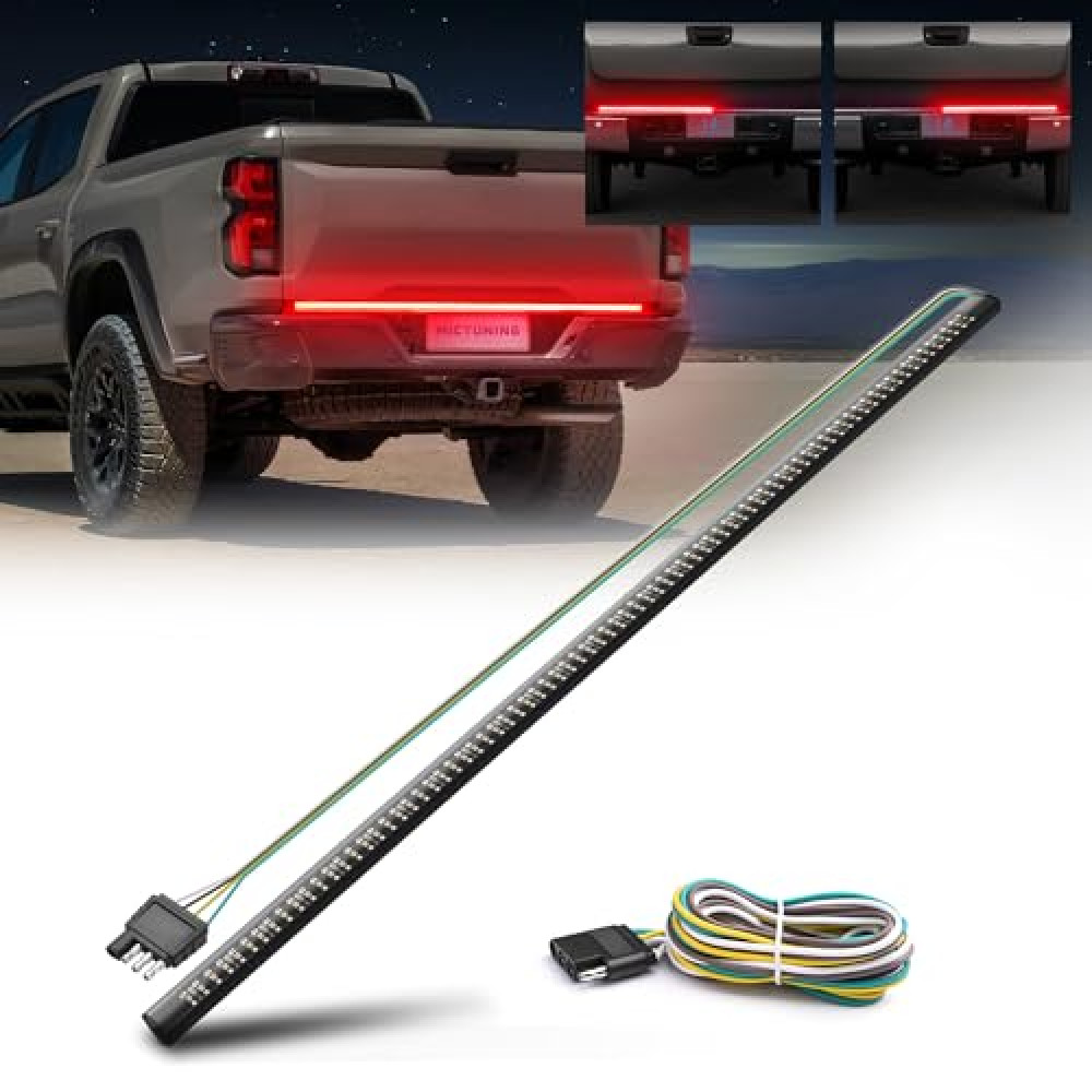 MICTUNING 60 inches Triple Row 504 LEDs Tailgate Strip Light Waterproof with 4-Way Flat Connector - 5 Functions Red Turn Signal, Brake, Running Light, White Reverse Lights