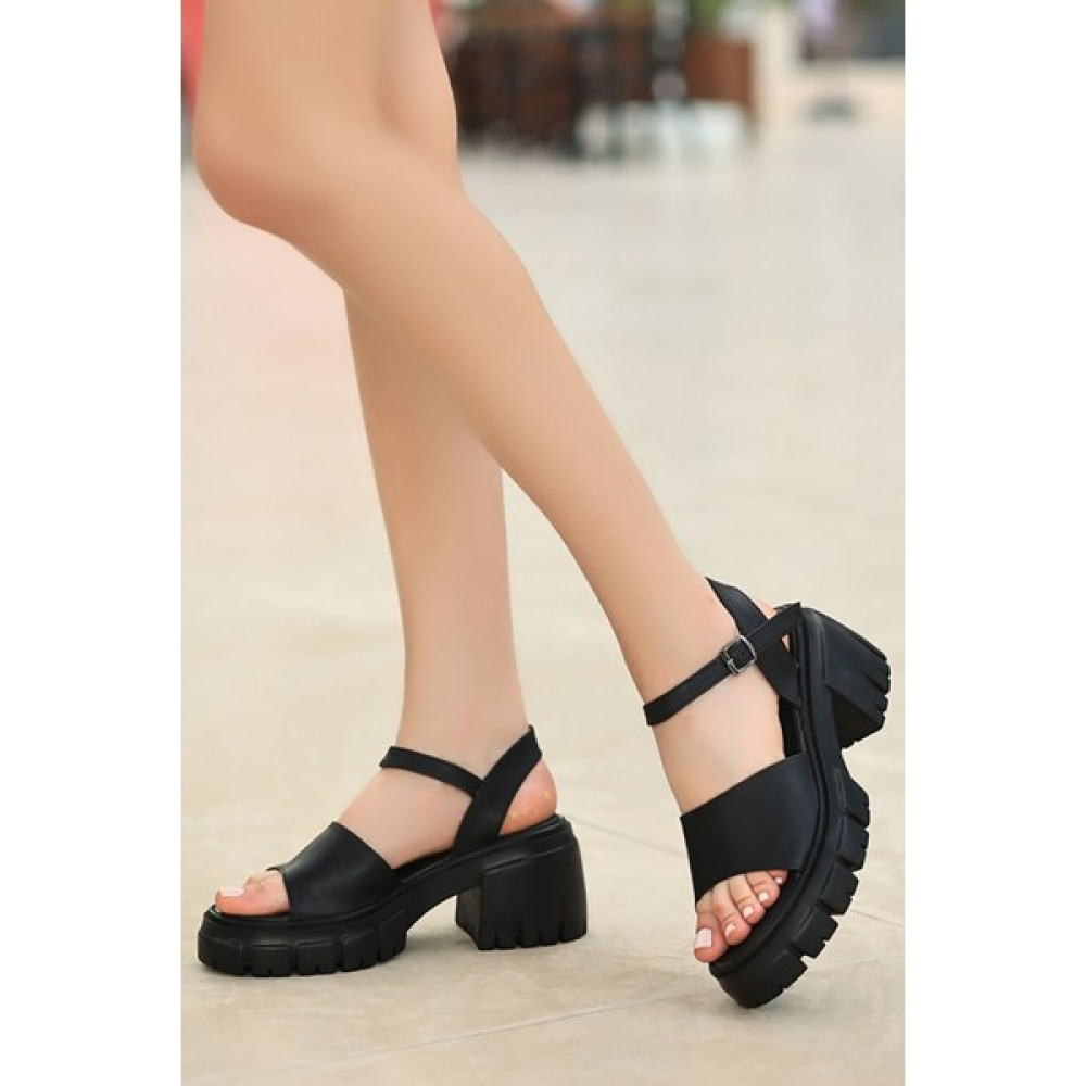Mida Shoes Erbfian Siyah Deri Tek Bant Dolgu Topuk Kadın Sandalet Kadın Terlikleri ve Sandaletleri Fiyatı