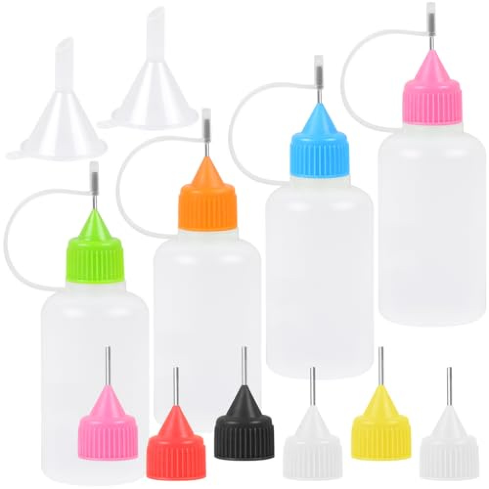 MIDELONG 4PCS Precision Tip Applicator Bottle, 30ML/1 OZ Fine Needle Tip Squeeze Bottle Multicolor Lids with 2 Mini Funnel for DIY Quilling Paper Craft Glue Ink Liquid Acrylic Painting