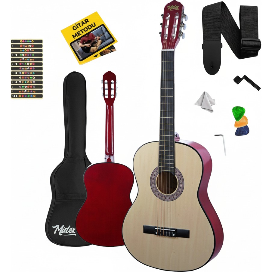 Midex CG-270NT Klasik Gitar 4/4 Yetişkin Boy Sap Ayarlı Full Set - Naturel Klasik Gitarlar Fiyatı