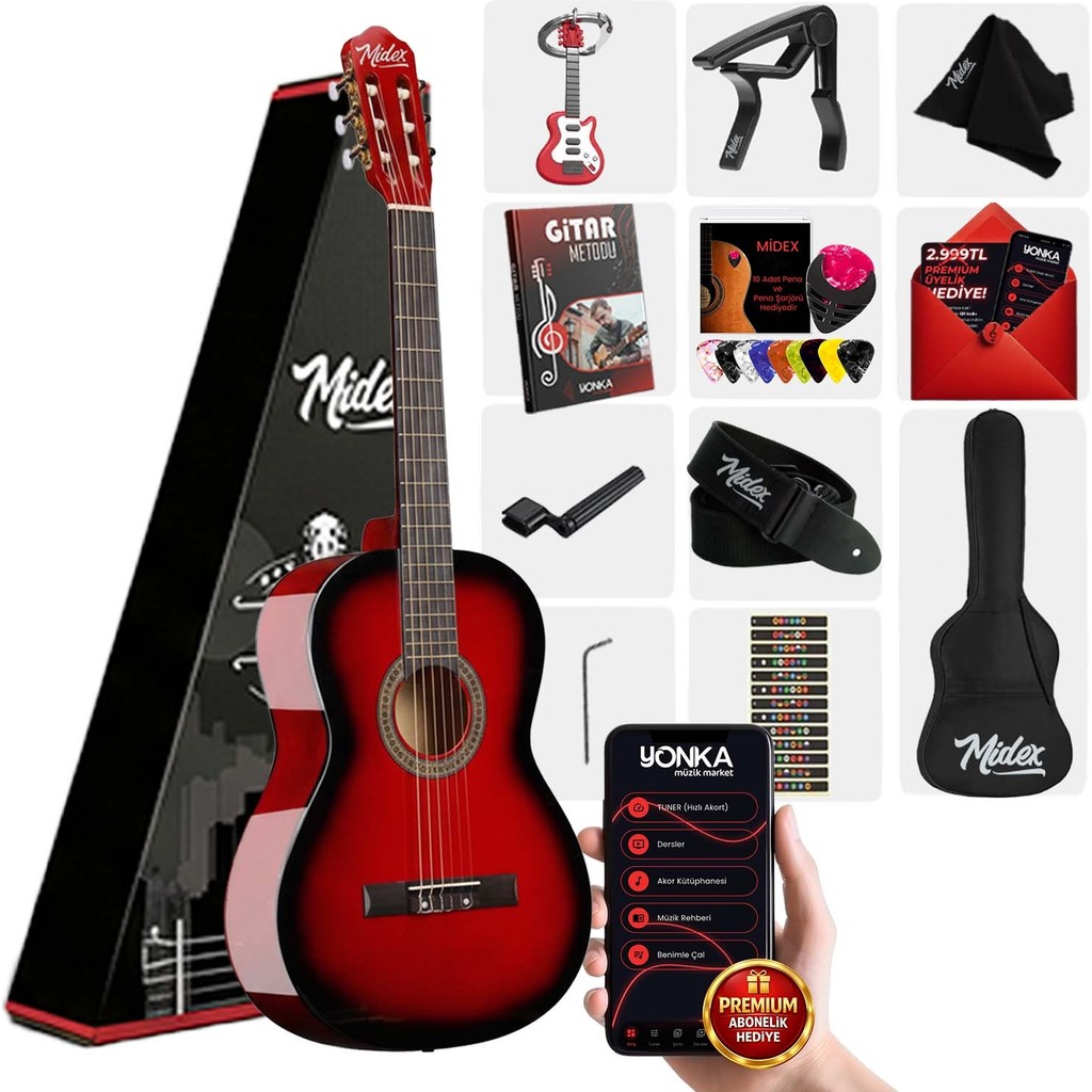 Midex CG-270RD Kırmızı Renk Klasik Gitar 4/4 Yetişkin Boy Sap Ayarlı Full Set - Kırmızı - Siyah Klasik Gitarlar Fiyatı