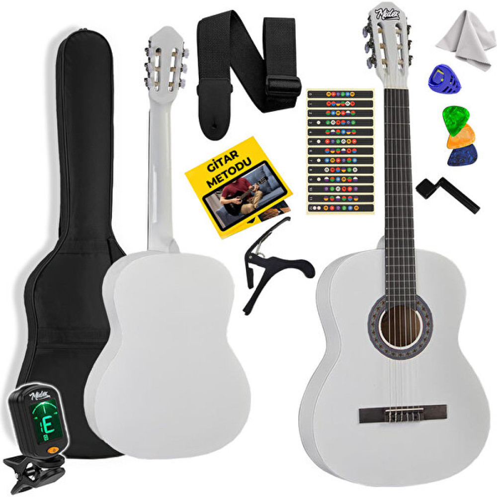 Midex CG-34WH-PAK Kaliteli 34 İnç 1/2 Juniur Çocuk Gitarı Seti 4-8 Yaş Arası + Tuner Çanta Capo Askı Nota Sticker Pena Metod - Beyaz Klasik Gitarlar Fiyatı