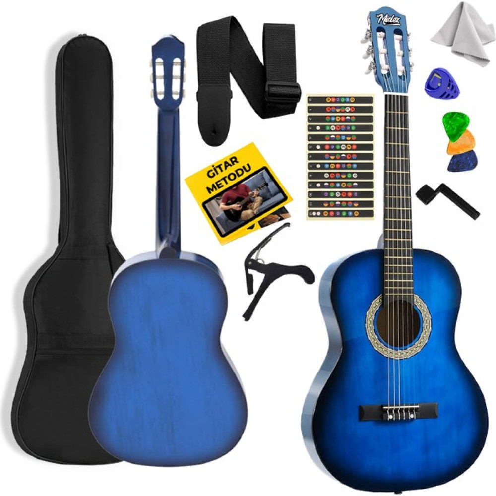 Midex CG-36BL Kaliteli 36 İnç 3/4 Juniur Çocuk Gitarı 8-12 Yaş Arası + Çanta Askı Capo Nota Sticker Pena Metod - Mavi Klasik Gitarlar Fiyatı