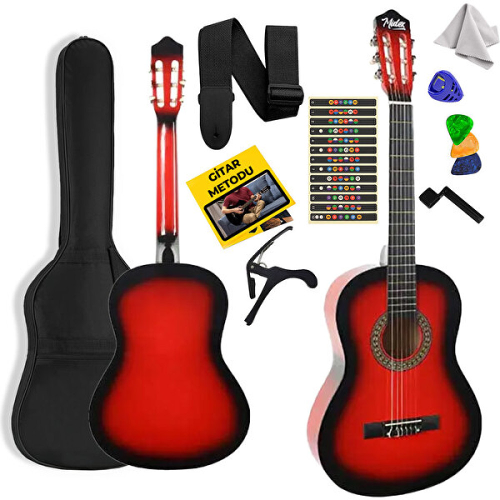 Midex CG-36RD Kaliteli 36 İnç 3/4 Juniur Çocuk Gitarı 8-12 Yaş Arası + Çanta Askı Capo Nota Sticker Pena Metod - Kırmızı Klasik Gitarlar Fiyatı