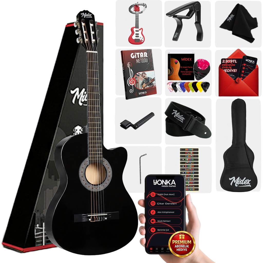 Midex CG-395BK Siyah Klasik Gitar 4/4 Sap Ayarlı Kesik Kasa Full Set (Çanta Askı Metod Pena) Klasik Gitarlar Fiyatı