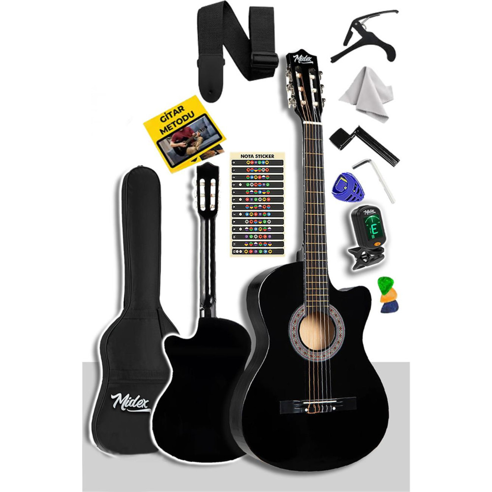 Midex Cg-395bk Siyah Klasik Gitar 4/4 Sap Ayarlı Kesik Kasa Full Set (ÇANTA ASKI TUNER METOD PENA) Müzik Aletleri Fiyatı