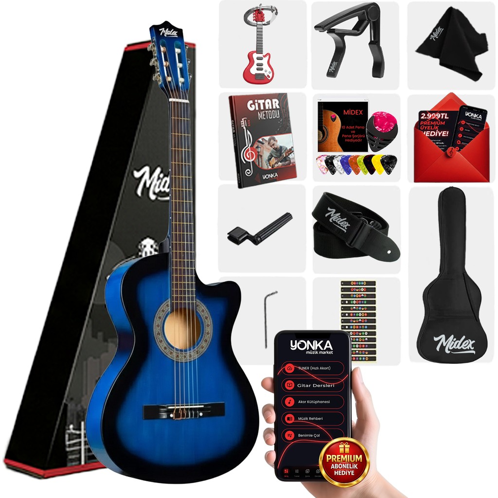 Midex CG-395BL Mavi Renk Kesik Klasik Gitar 4/4 Yetişkin Boy Sap Ayarlı Full Set Klasik Gitarlar Fiyatı