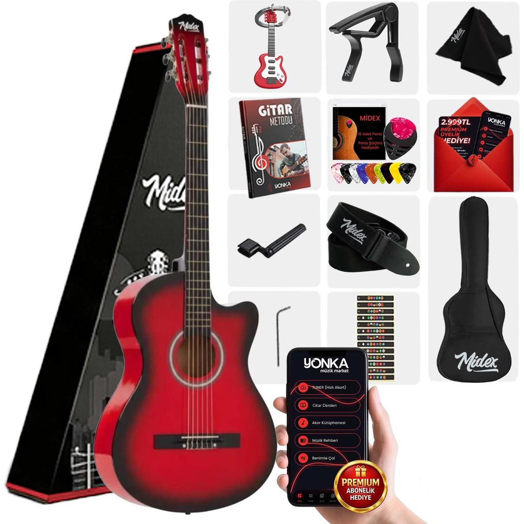 Midex CG-395RD Kırmızı Renk Kesik Klasik Gitar 4/4 Yetişkin Boy Sap Ayarlı Full Set Klasik Gitarlar Fiyatı