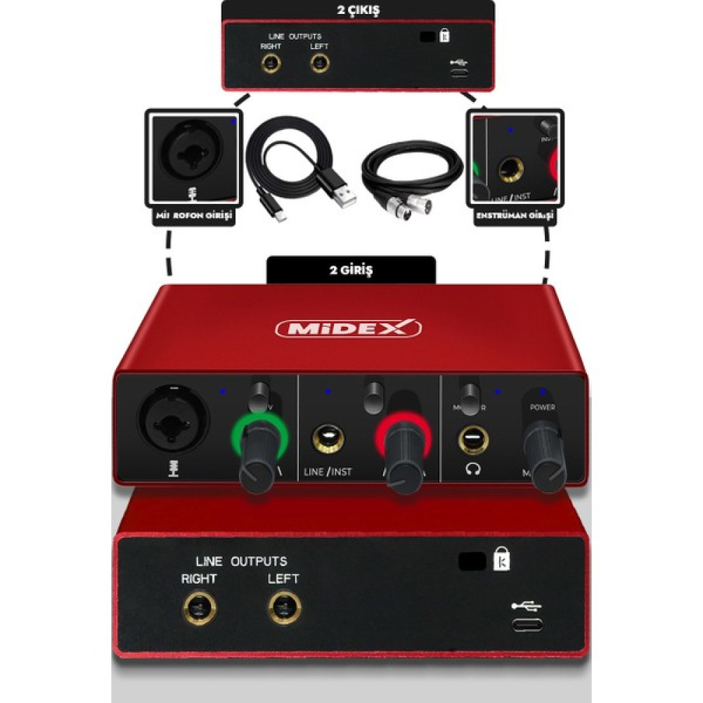 Midex GLX-500 PRO 2 Giriş 2 Çıkış USB Stüdyo Ses Kartı (XLR Kablo Hediye) Stüdyo ve Sahne Ekipmanları Fiyatı