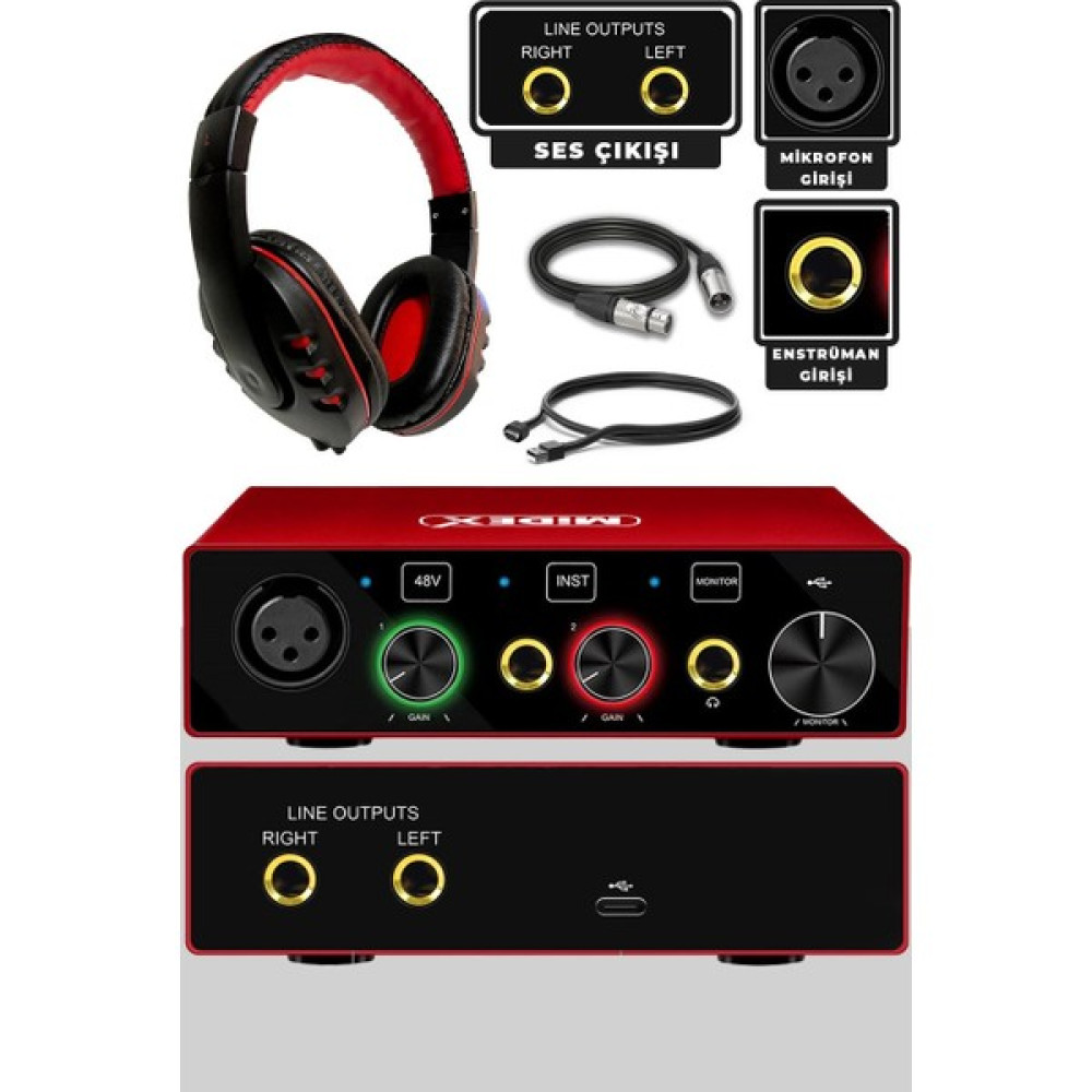 Midex GLX-600HD Üst Kalite Stüdyo Ses Kartı 2 Giriş 2 Çıkış (Kulaklık Hediyeli) Stüdyo ve Sahne Ekipmanları Fiyatı