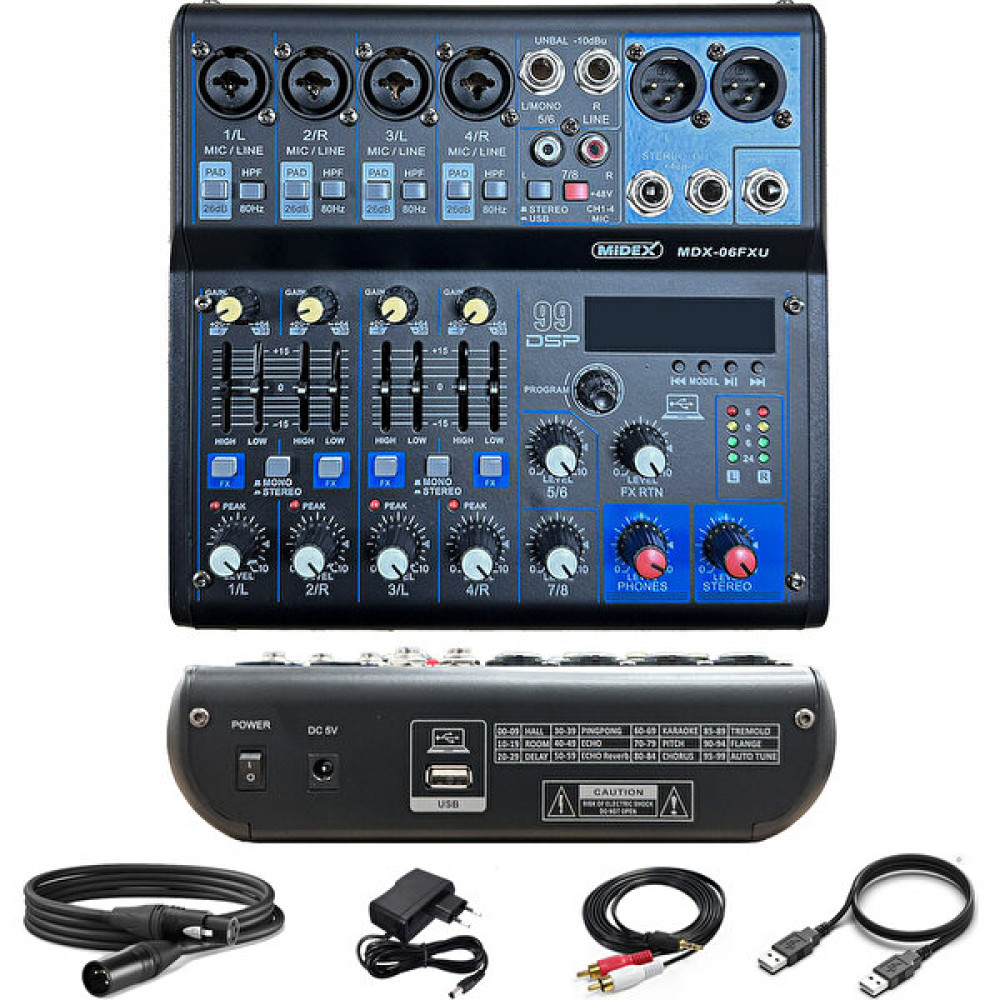 Midex MDX-06FXU Ses Mikseri Stüdyo Kayıt İçin 6 Kanal Ses Kartlı 99 DSP Efektli (+48V-USB-Bluetooth) Stüdyo ve Sahne Ekipmanları Fiyatı