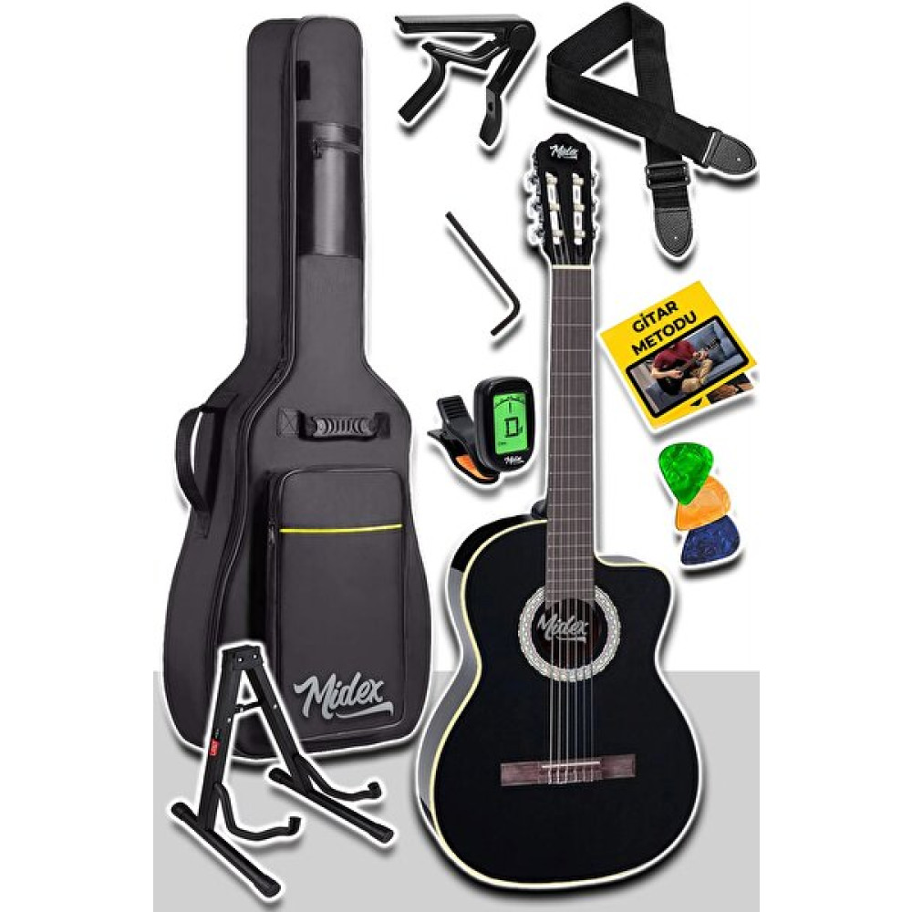 Midex Mgx-100Bk-St Üst Seviye Klasik Gitar 4/4 Sap Ayarlı (Çanta Stand Tuner Capo Askı Metod Pena) Klasik Gitarlar Fiyatı