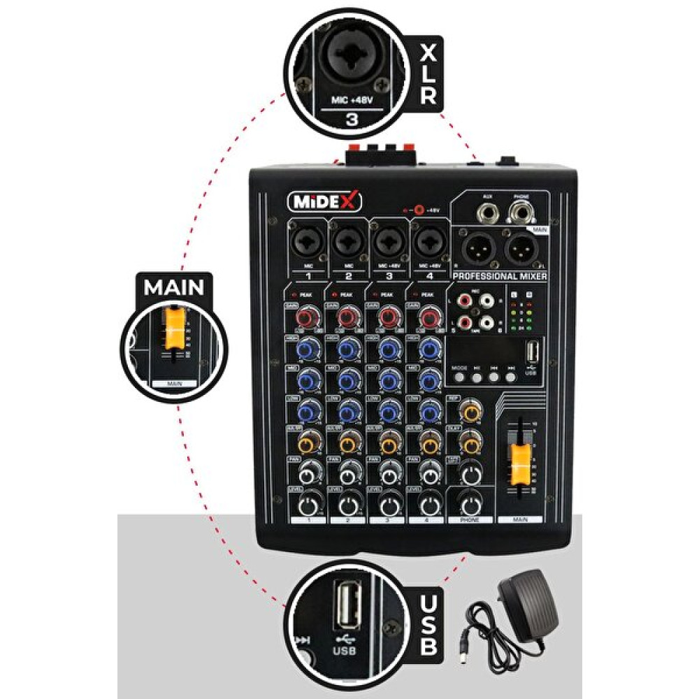 Midex Mp-400 2x200 Watt 4 Kanal BT USB Amfili Power Mikser Mikserler Fiyatı