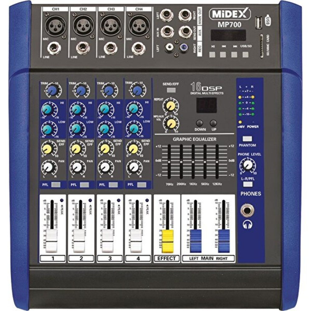 Midex MP-700 Power Mikser Amfi 2 x 350W 4 Kanal Dsp Efekt Eq USB Stüdyo ve Sahne Ekipmanları Fiyatı