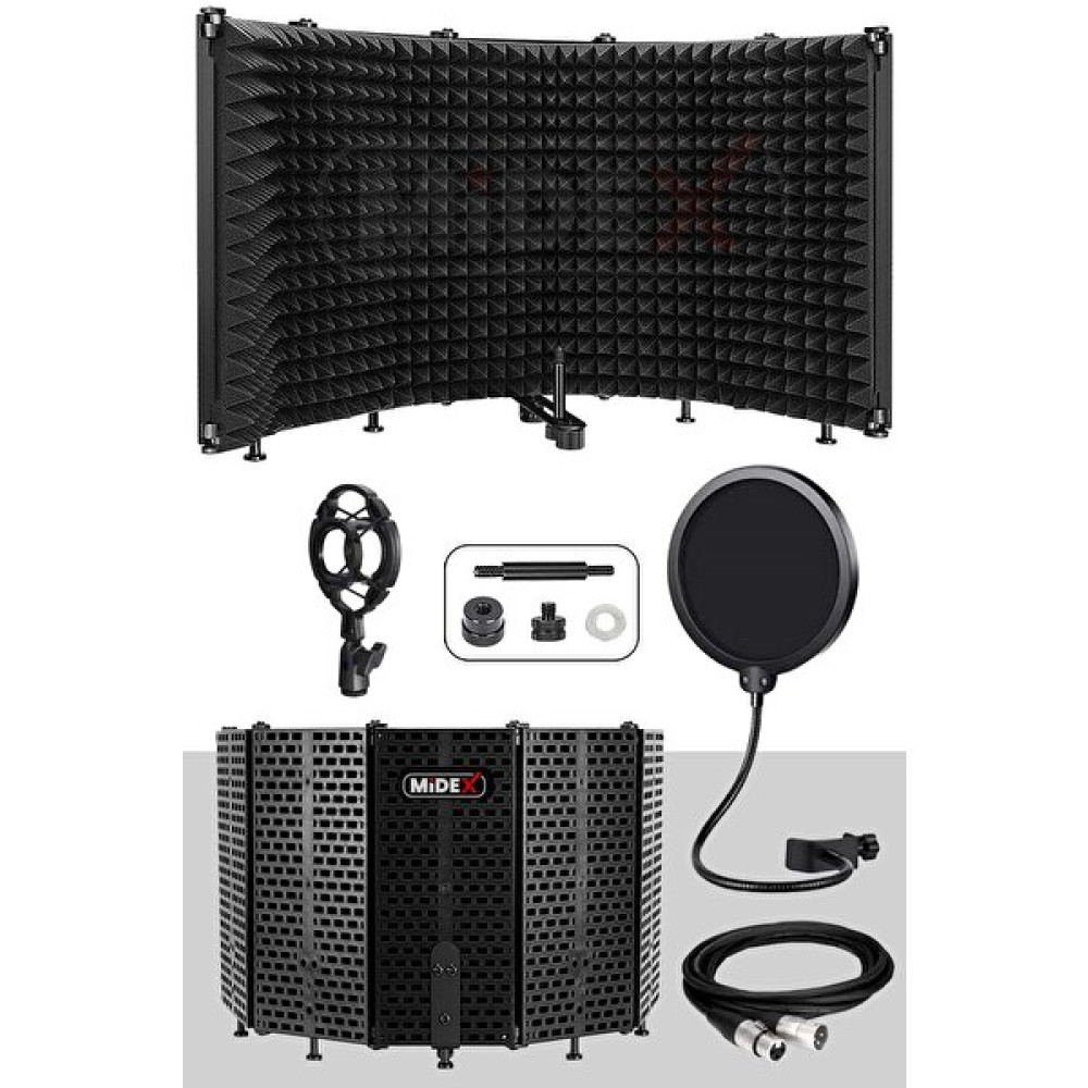 Midex Pf-43Ps 69x26 CM 5 Bölümlü Ayaklı Mikrofon Ses Yalıtım Paneli + Filtre + Shock Mount + XLR Kablo + Sünger Stüdyo ve Sahne Ekipmanları Fiyatı