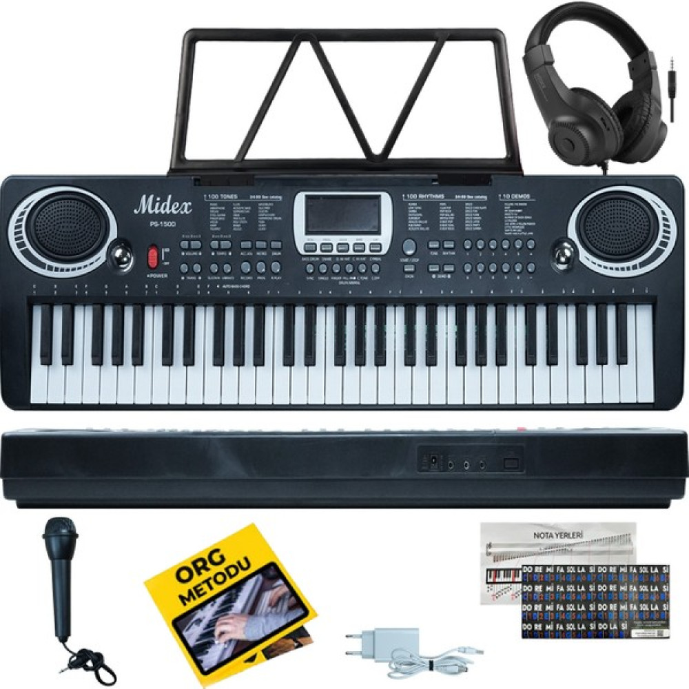 Midex PS-1500BK-H Başlangıç İçin 61 Tuşlu Org Kulaklık Notalık Adaptör Öğrenim Metodu (100 Ses 100 Ritim) - Siyah Orglar Fiyatı