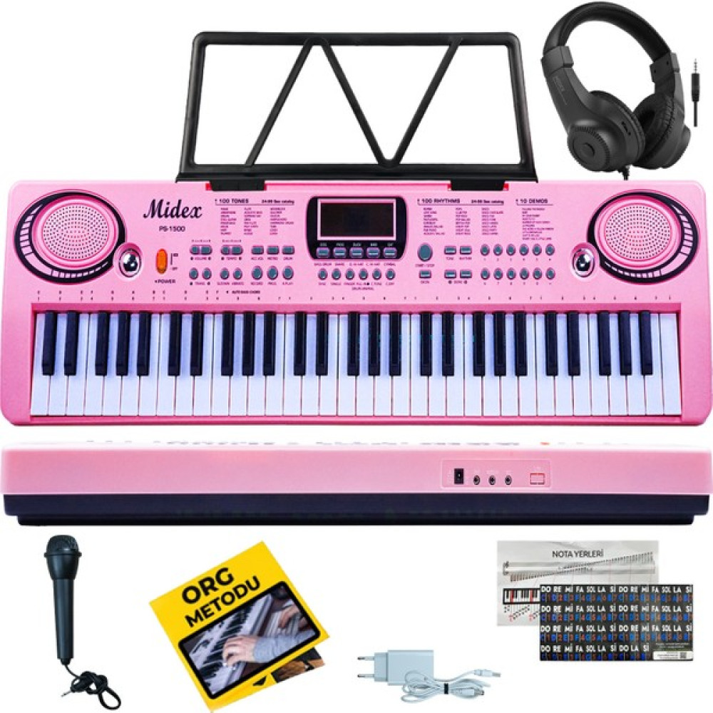 Midex PS-1500PK-H Başlangıç İçin Pembe 61 Tuşlu Org Kulaklık Notalık Mikrofon Metod (100 Ses 100 Ritim) Orglar Fiyatı